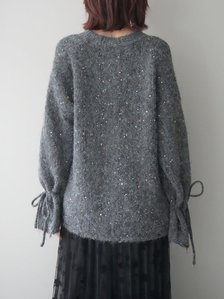 [予約]キャンディースリーブカラーネップスパンコールニットプルオーバー/gray