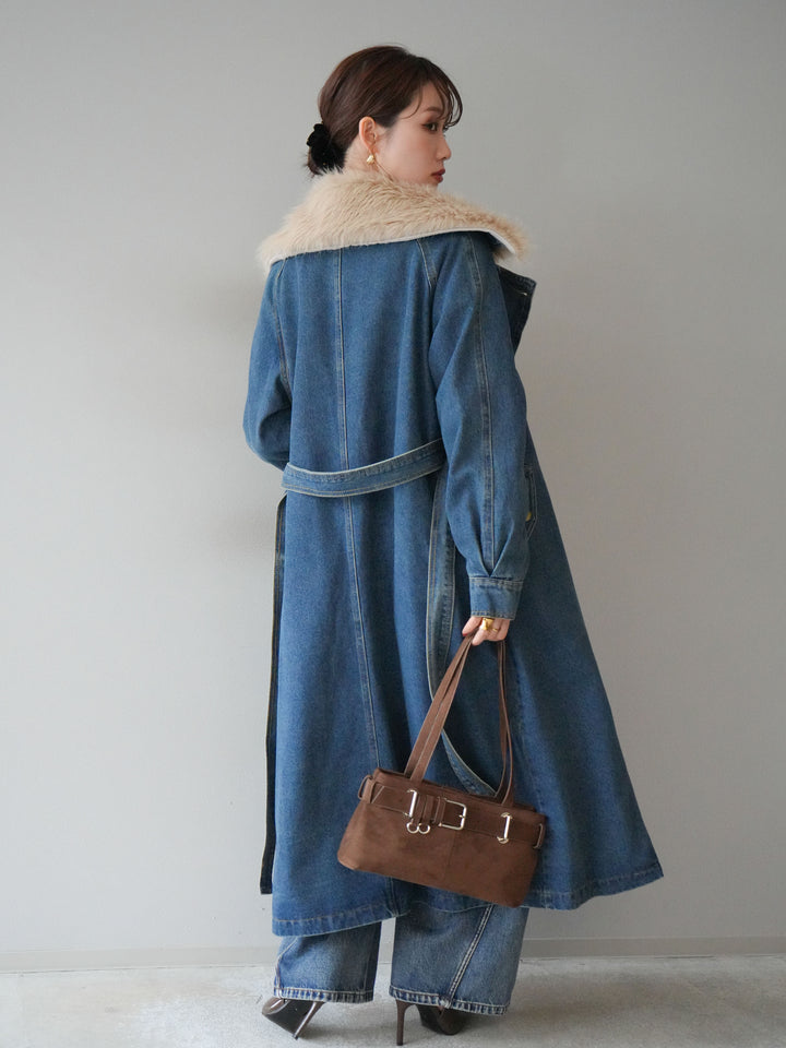 [予約]ファー襟デニムロングコート/blue
