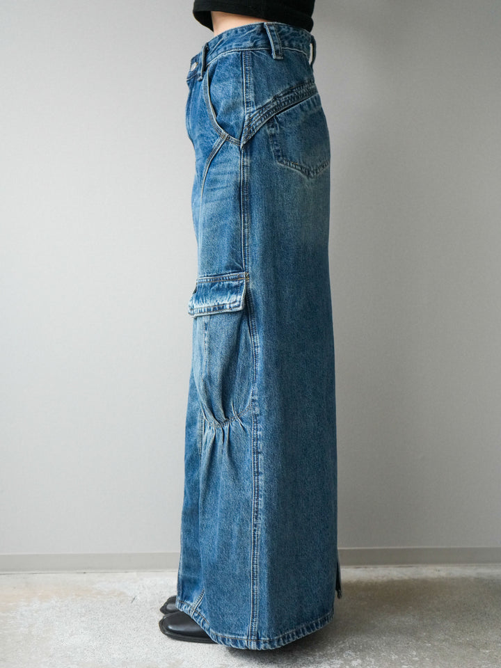 [予約]カーゴデニムロングスカート/blue