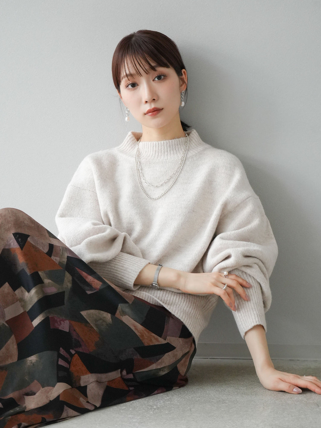 [予約]ボリュームスリーブプチネックニットプルオーバー/オートミール