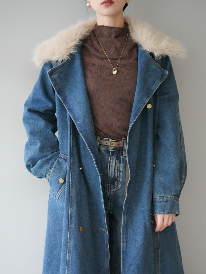 [予約]ファー襟デニムロングコート/blue