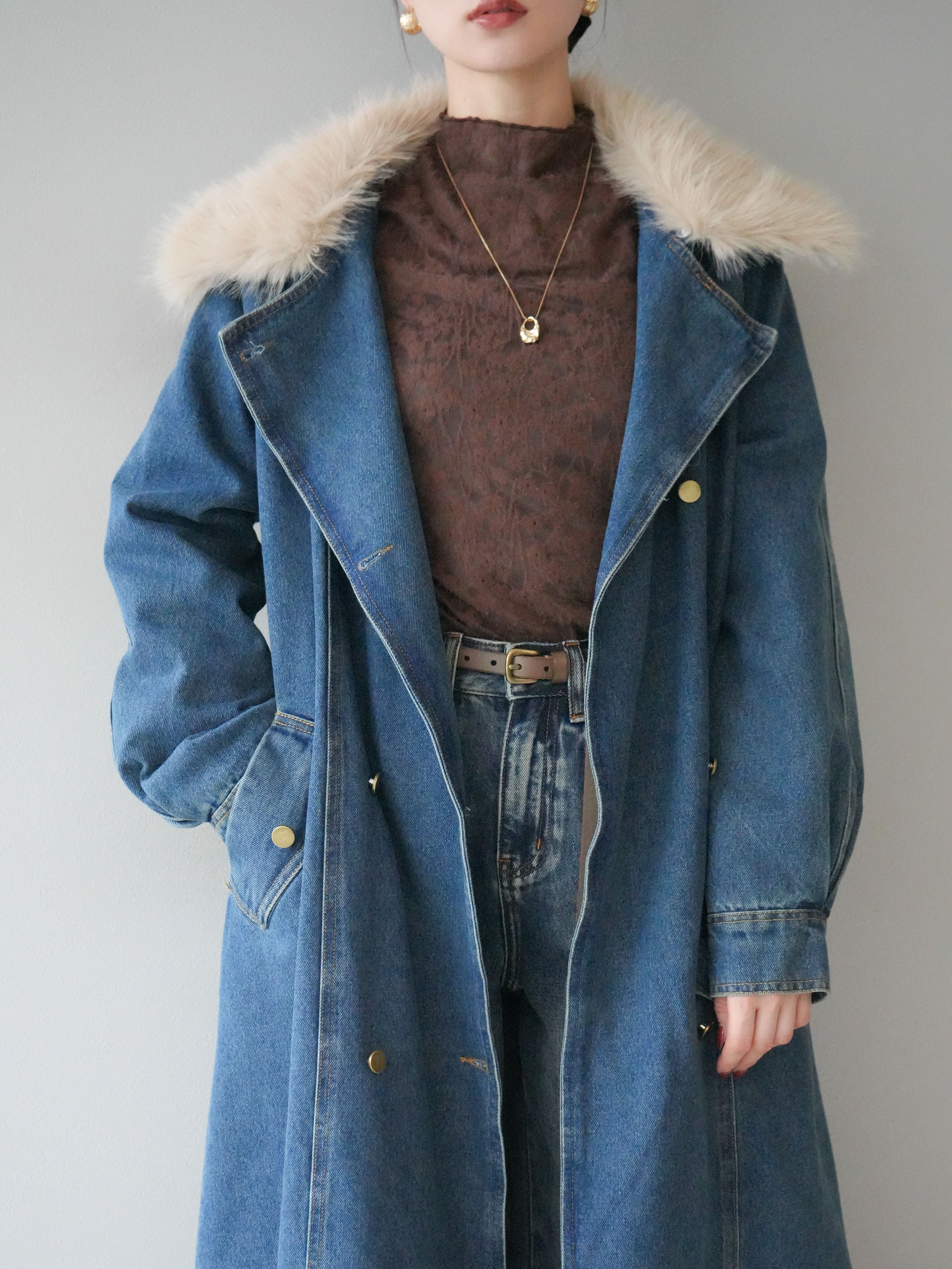 SET]ファー襟デニムロングコート+サイド切替カーブデニムパンツ(2set