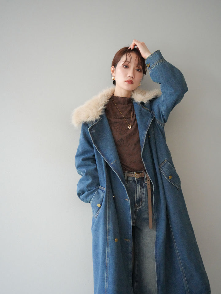 [予約]ファー襟デニムロングコート/blue