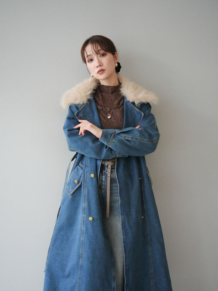 [予約]ファー襟デニムロングコート/blue