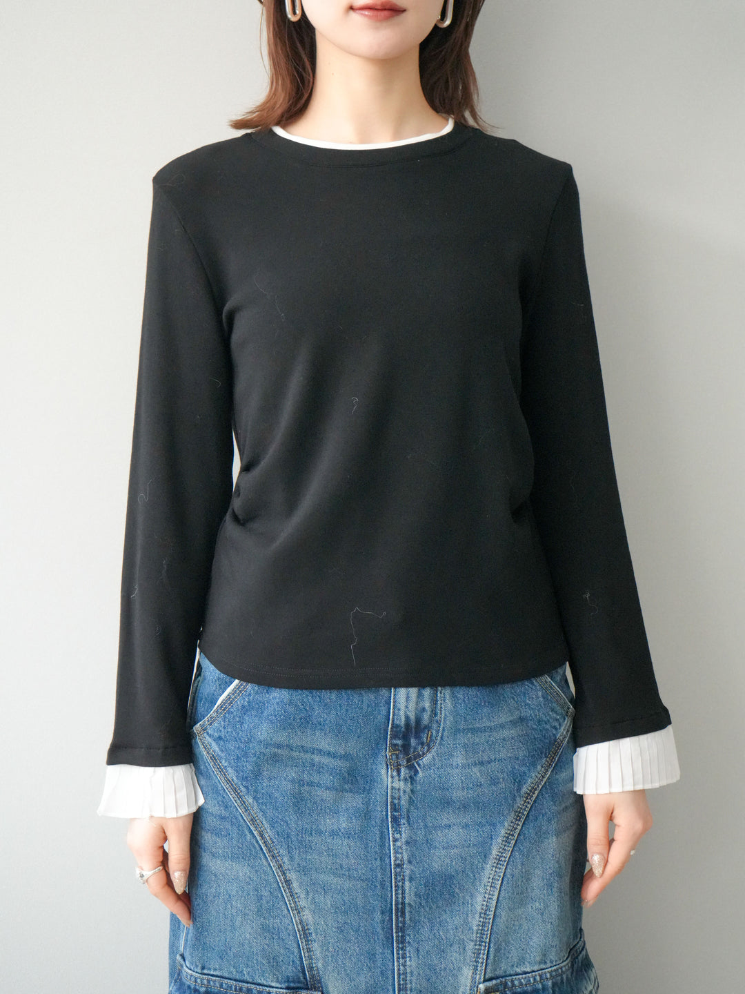 [予約]袖プリーツ配色レイヤードトップス/black