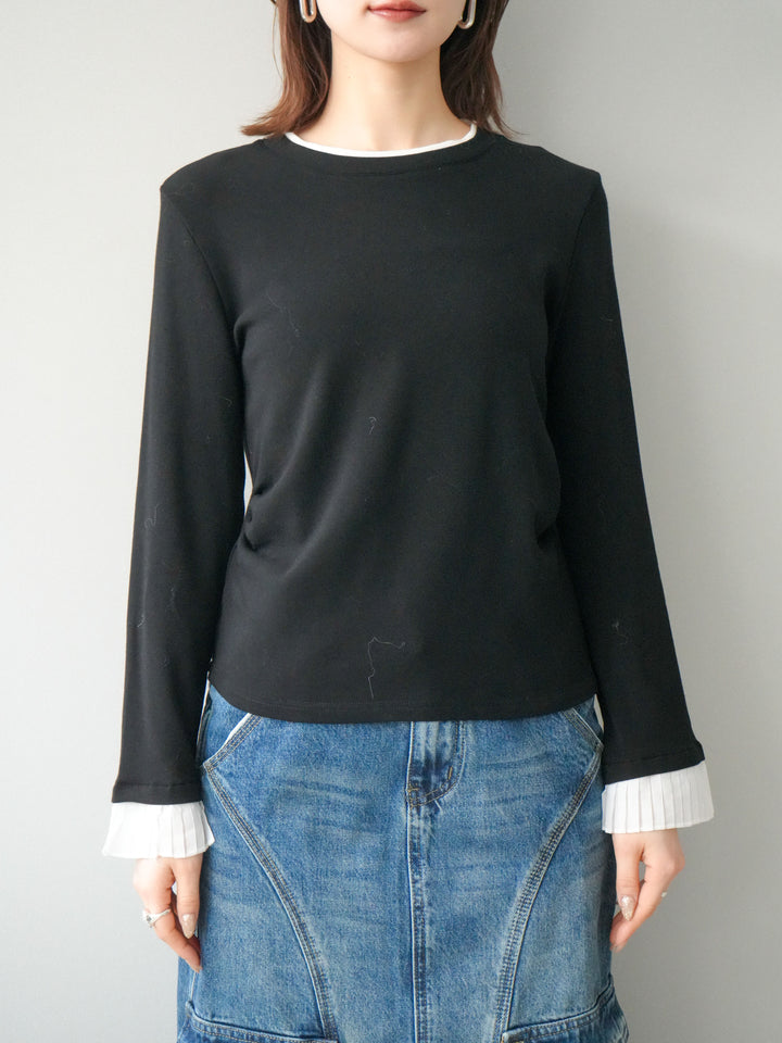 [予約]袖プリーツ配色レイヤードトップス/black