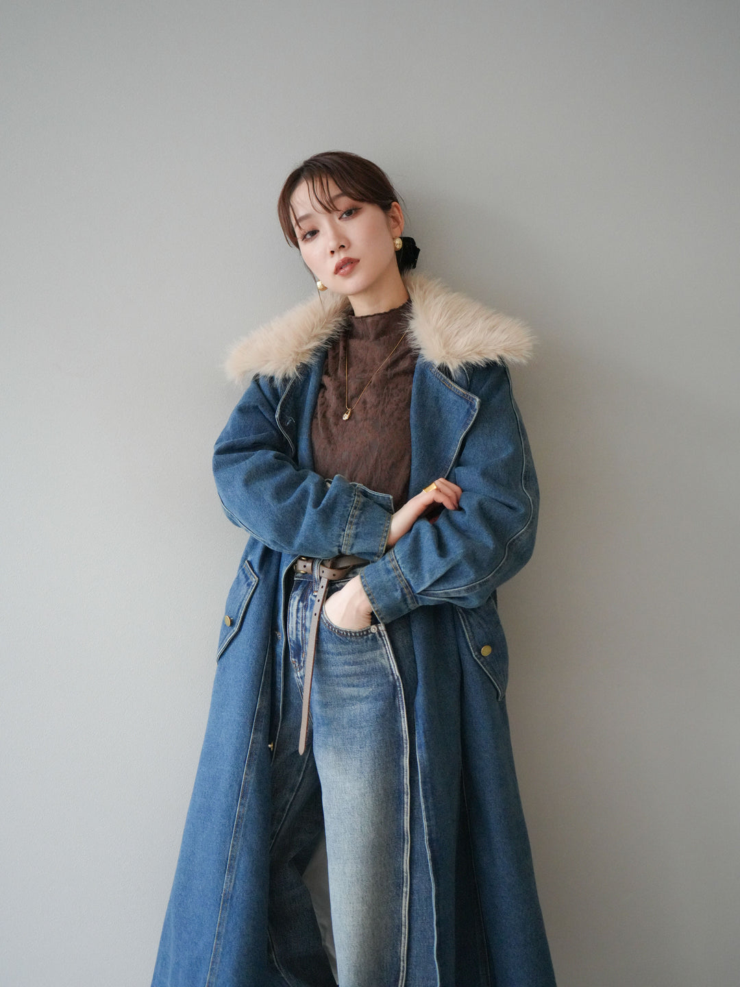 [予約]ファー襟デニムロングコート/blue