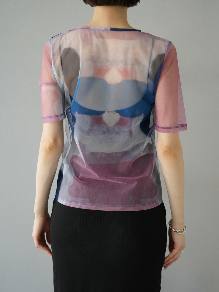 [Pre-order] Nuanced pattern crew neck 5/4 sleeve mesh top/pink