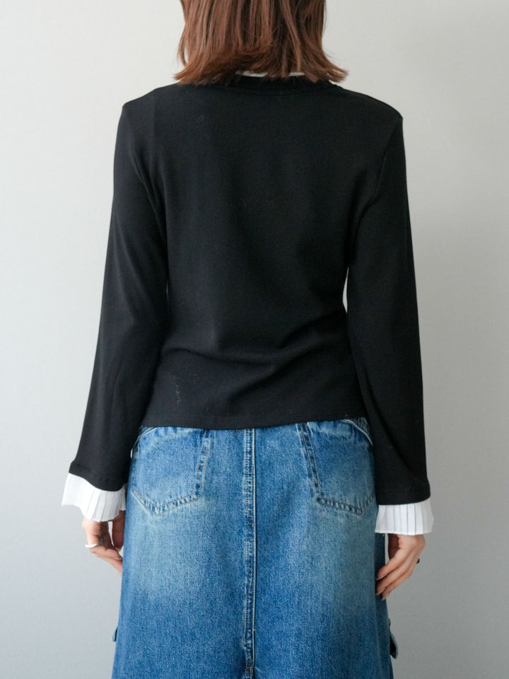 [予約]袖プリーツ配色レイヤードトップス/black