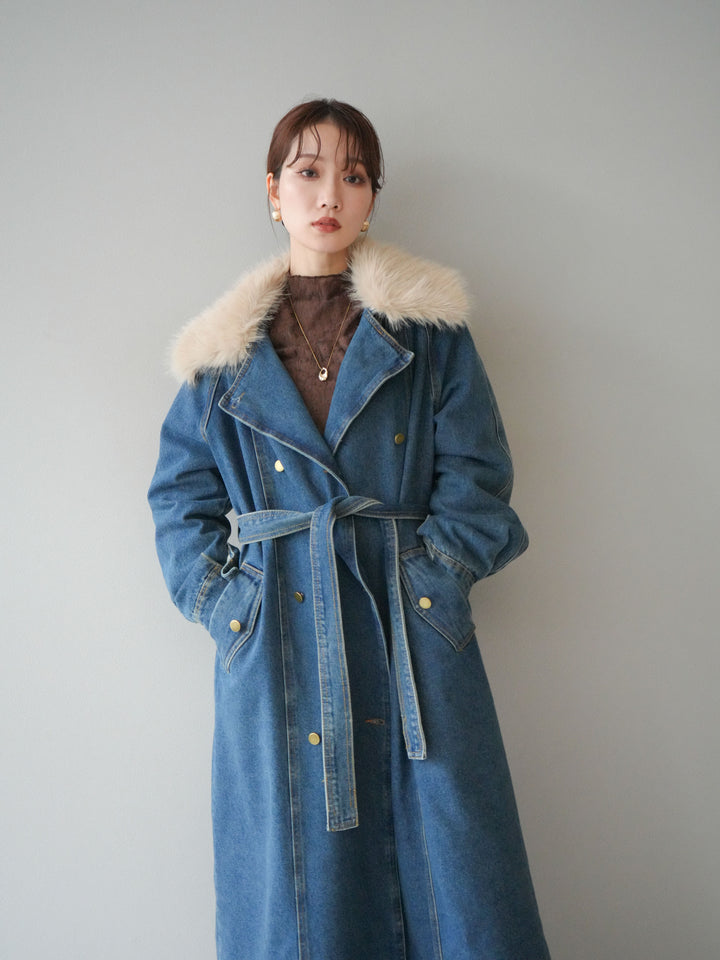 [予約]ファー襟デニムロングコート/blue