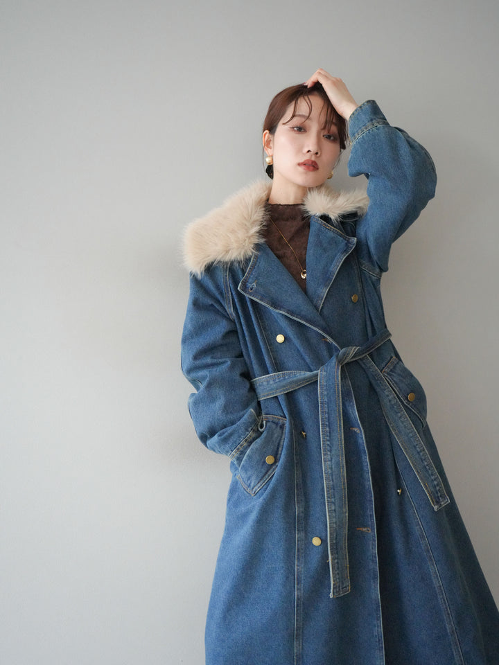 [予約]ファー襟デニムロングコート/blue