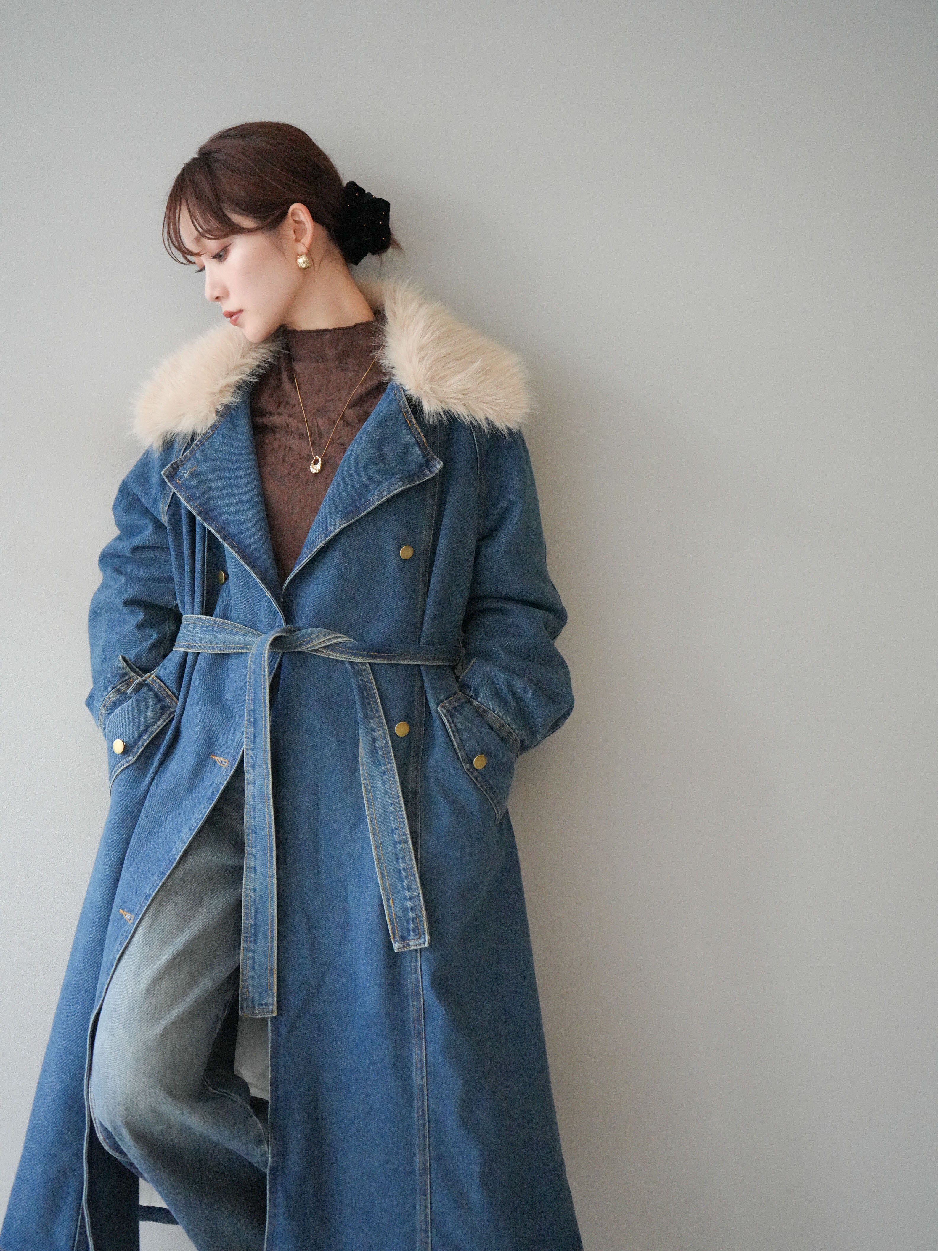 SET]ファー襟デニムロングコート+起毛レースプチネックトップス(2set