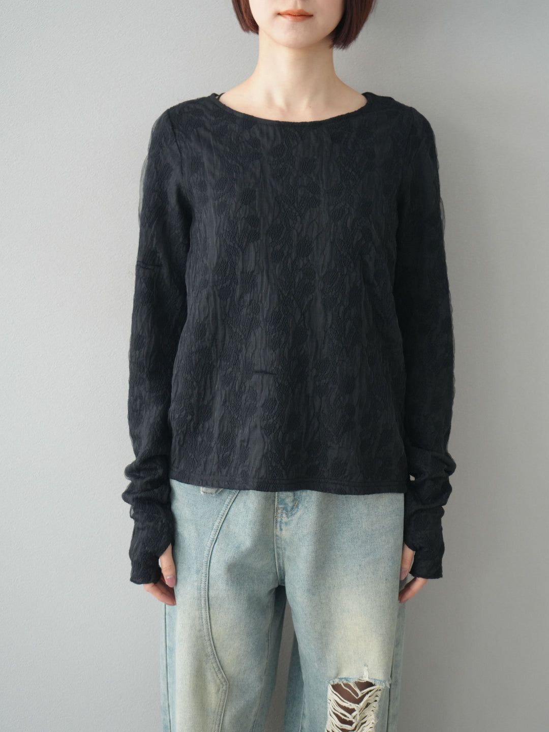 【預購】雙層紗布提花上衣/黑色