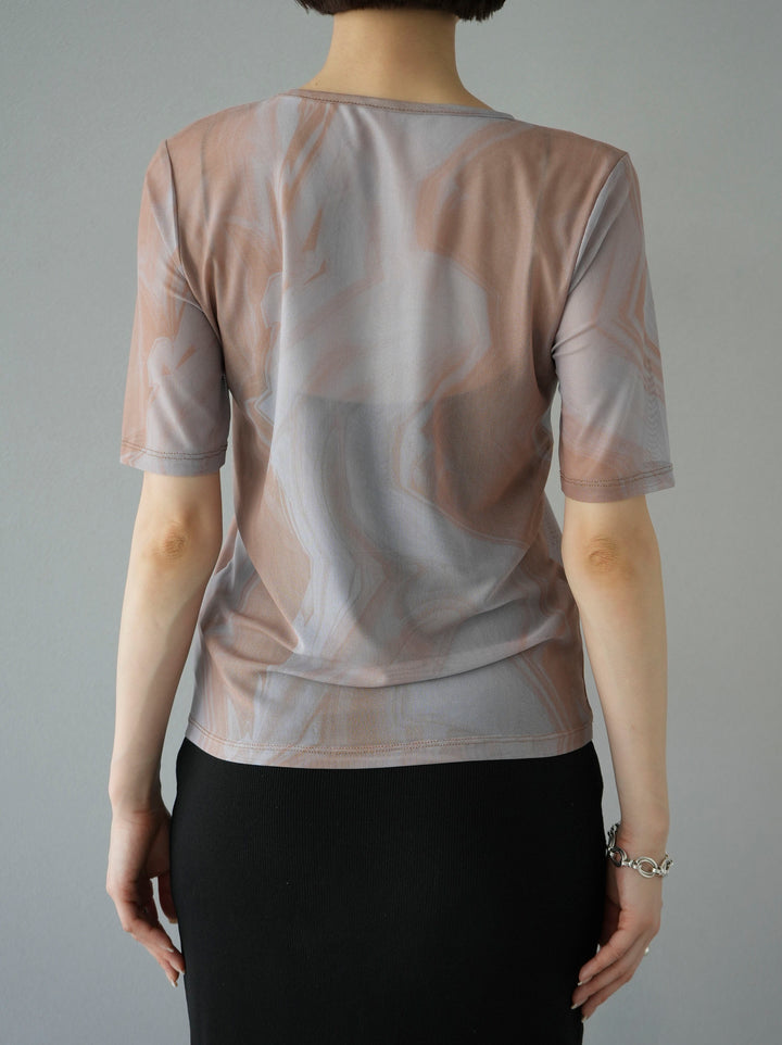 [Pre-order] Nuanced pattern crew neck 5/4 sleeve mesh top/beige