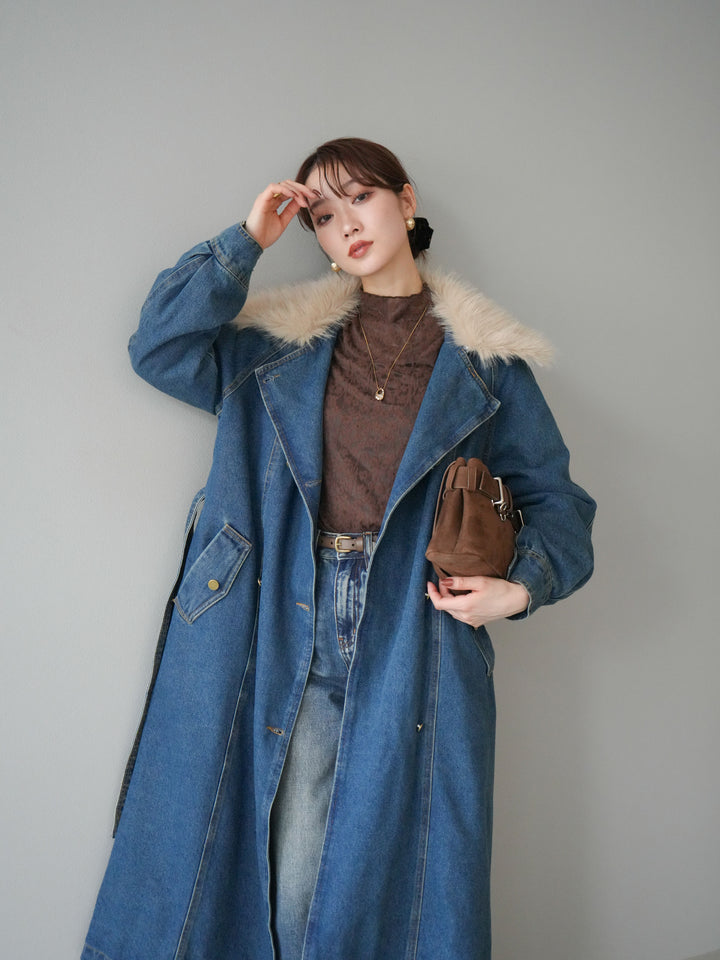 [予約]ファー襟デニムロングコート/blue