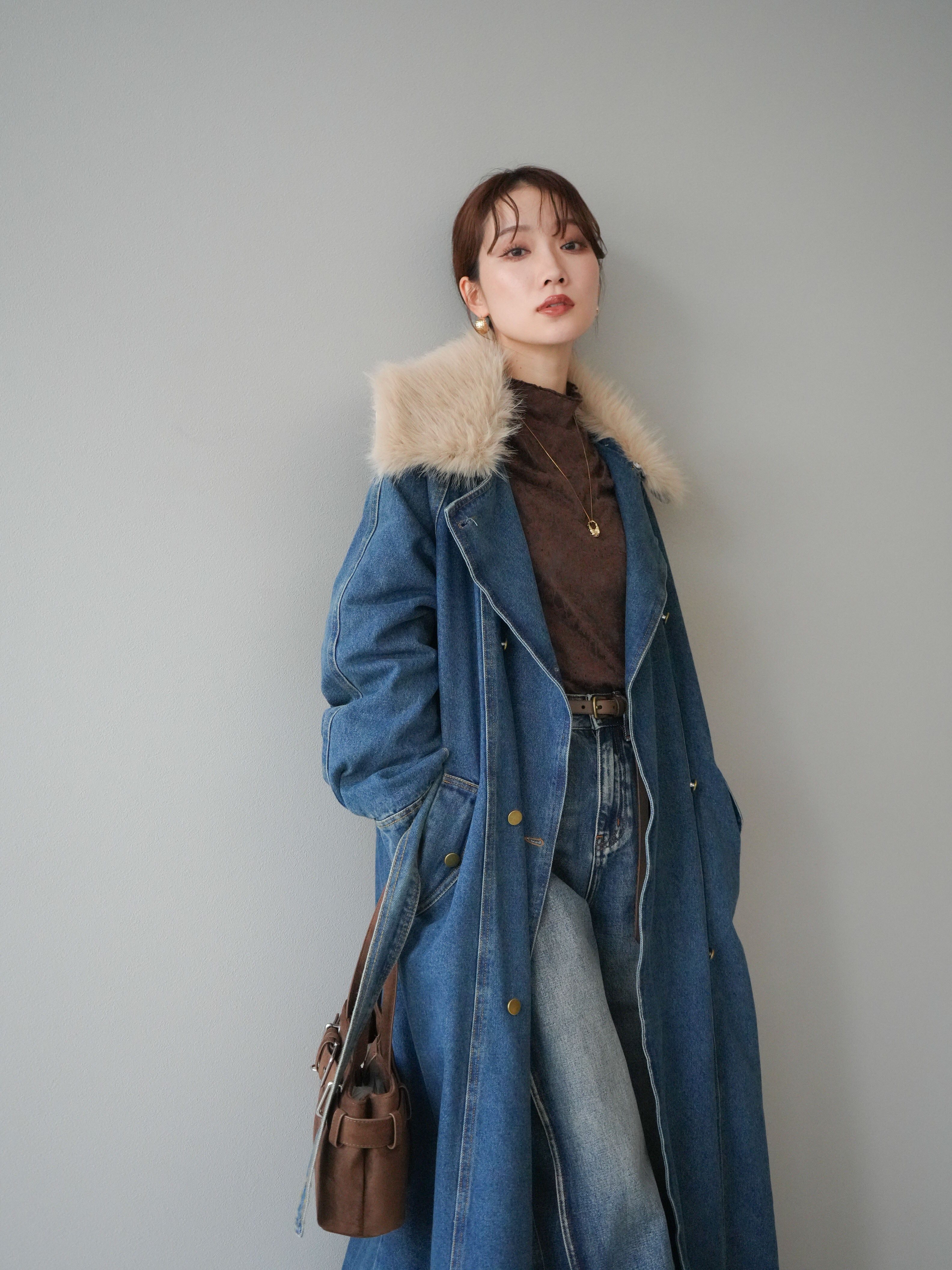 SET]ファー襟デニムロングコート+サイド切替カーブデニムパンツ(2set
