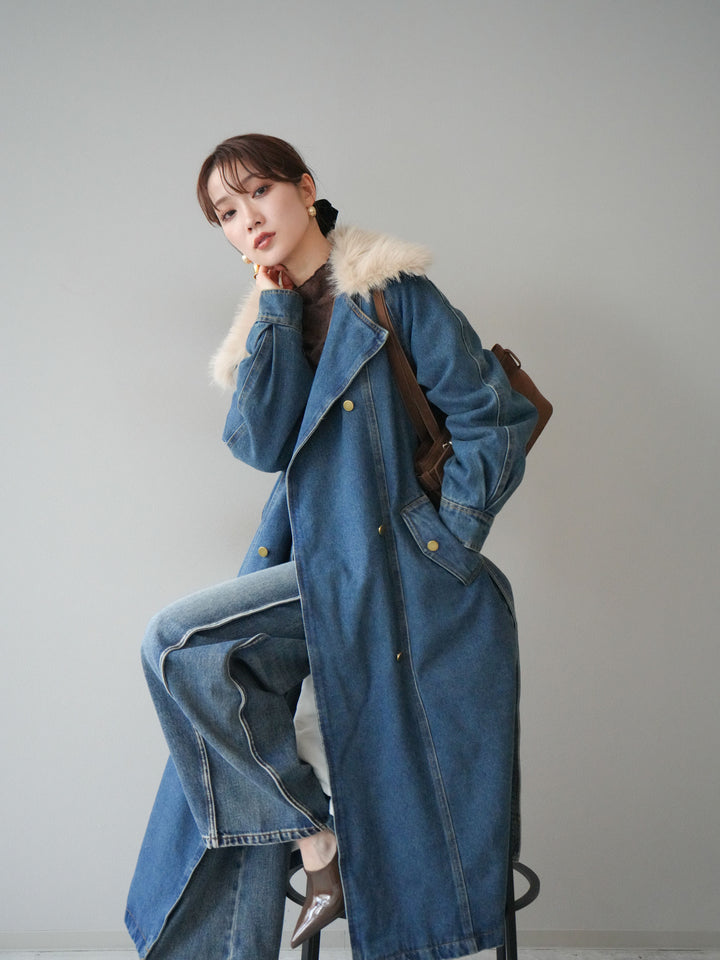 [予約]ファー襟デニムロングコート/blue