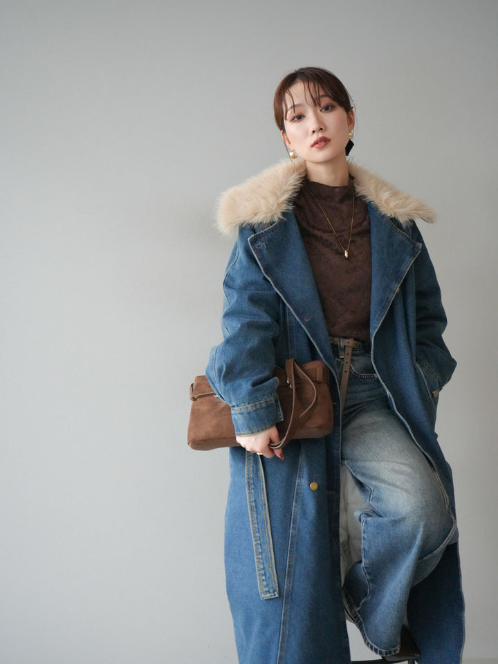 [予約]ファー襟デニムロングコート/blue