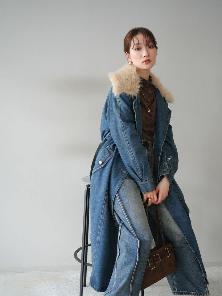 [予約]ファー襟デニムロングコート/blue