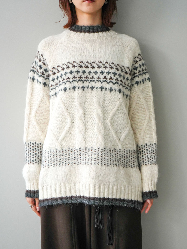 [予約]裾配色ノルディック柄ニットプルオーバー/White