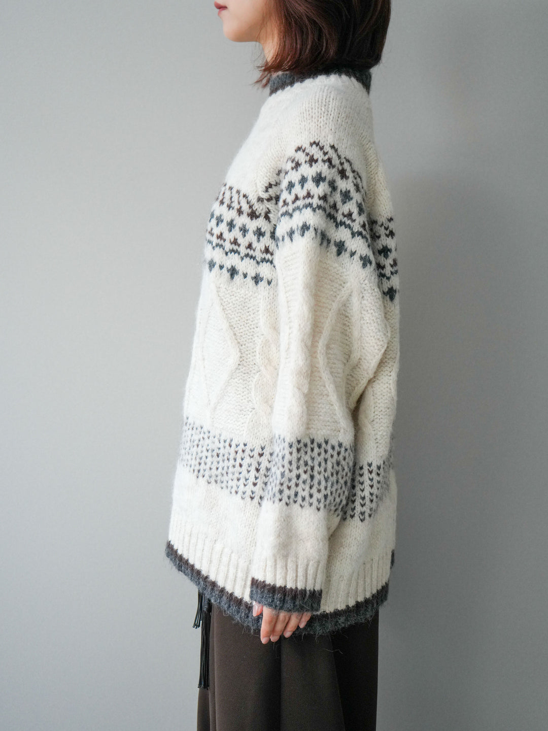 [予約]裾配色ノルディック柄ニットプルオーバー/White