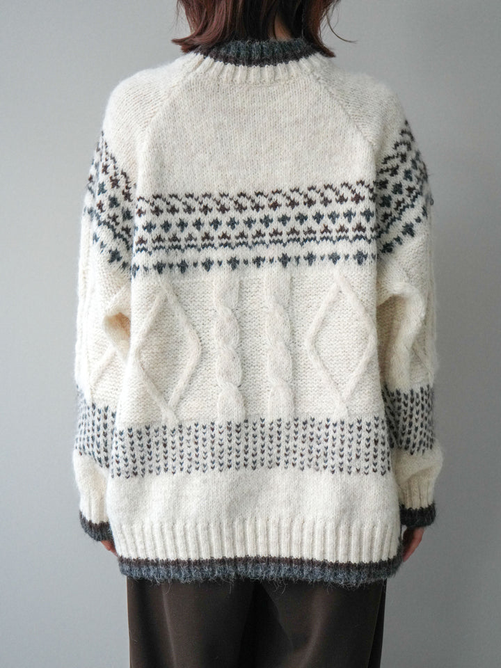 [予約]裾配色ノルディック柄ニットプルオーバー/White