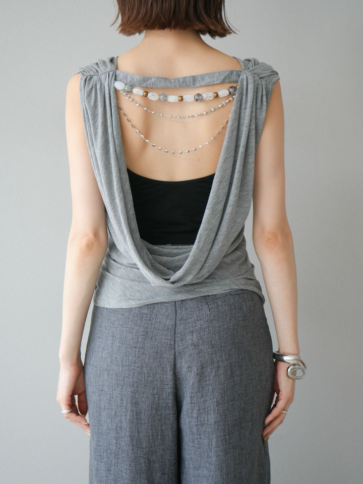 [予約]ビーズチェーン付ドレープトップス/グレー