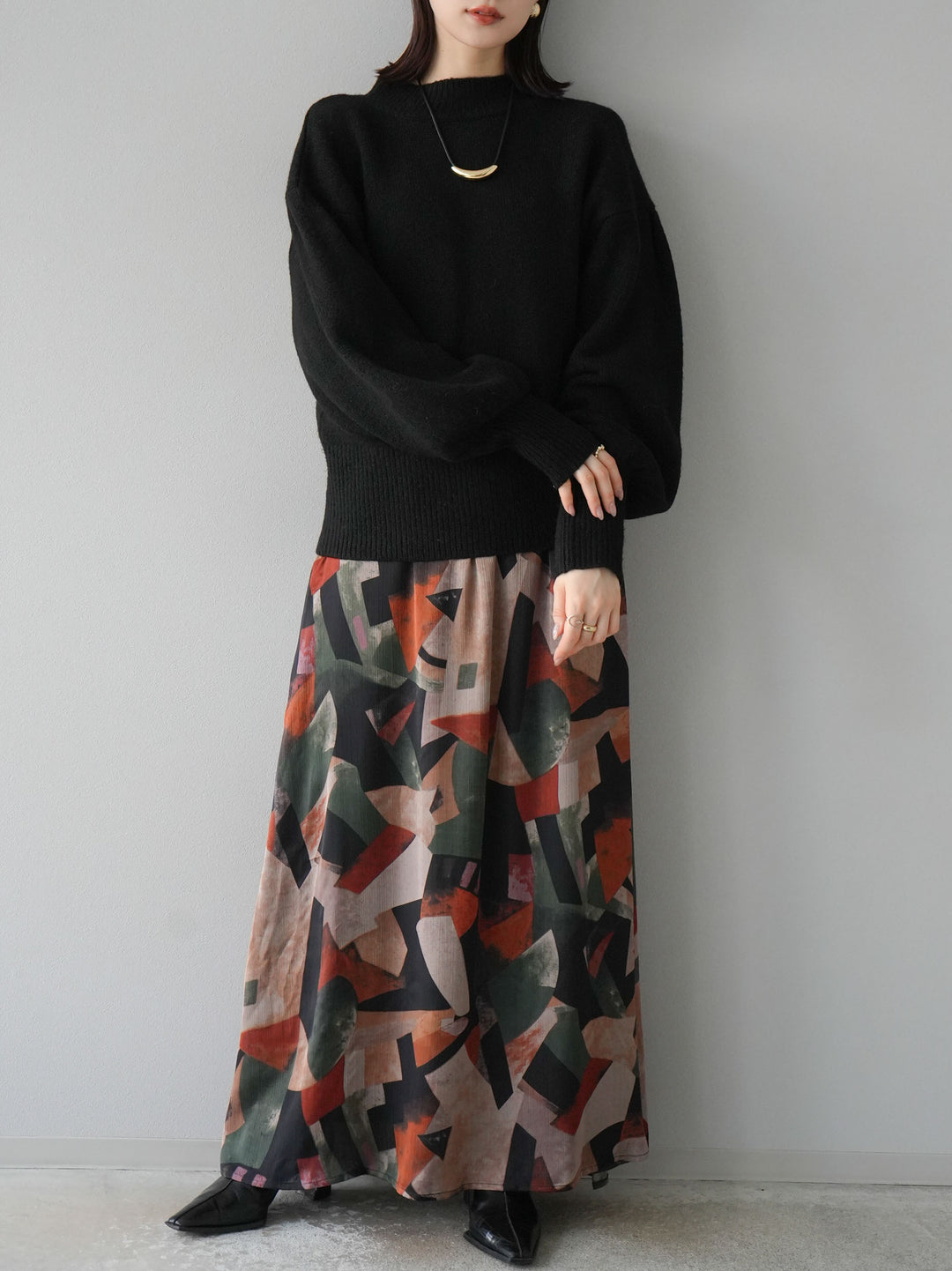 [預訂] 寬袖小領針織套頭衫/黑色