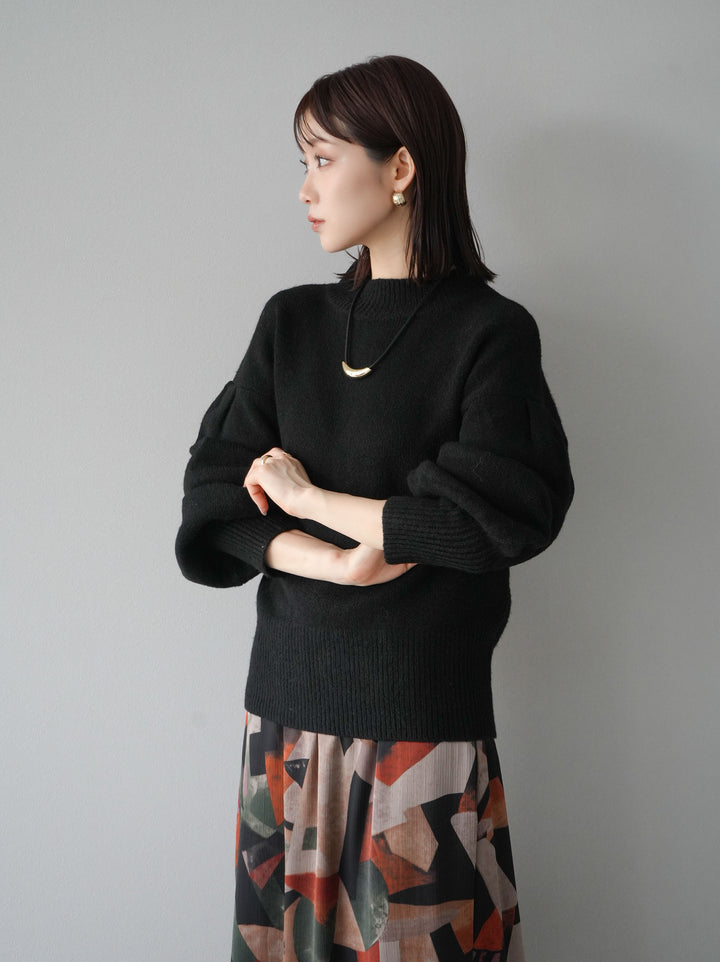 [預訂] 寬袖小領針織套頭衫/黑色