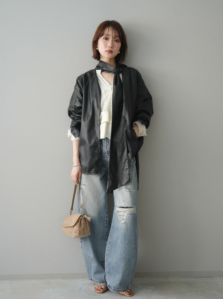 [SET]フェイクレザーボウタイブラウス+ダメージデニムセミワイドパンツ(2set)