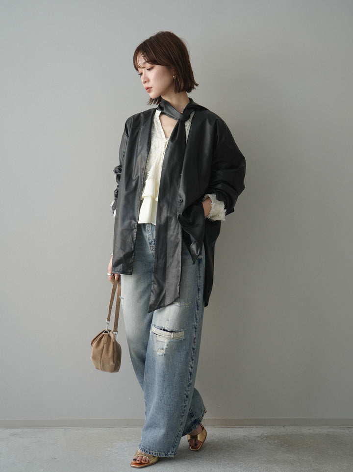 [SET]フェイクレザーボウタイブラウス+ジャガードぺプラムフリルブラウス+ダメージデニムセミワイドパンツ(3set)
