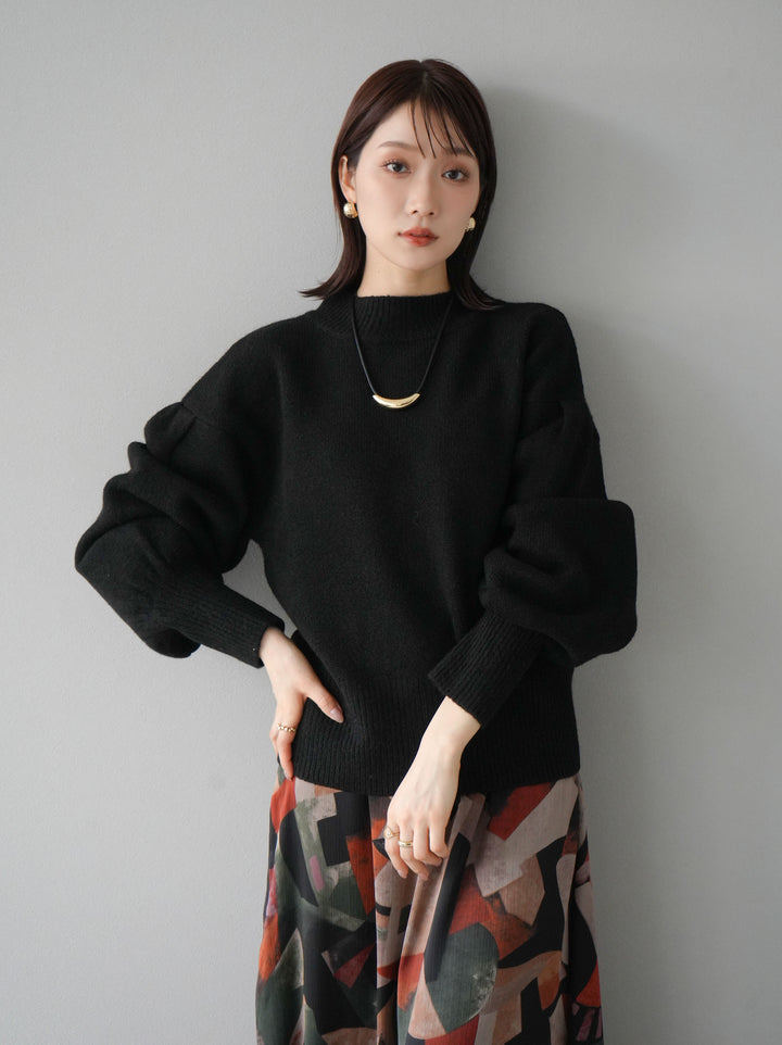 [預訂] 寬袖小領針織套頭衫/黑色