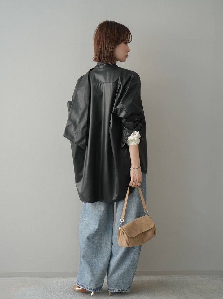 [SET]フェイクレザーボウタイブラウス+ダメージデニムセミワイドパンツ(2set)