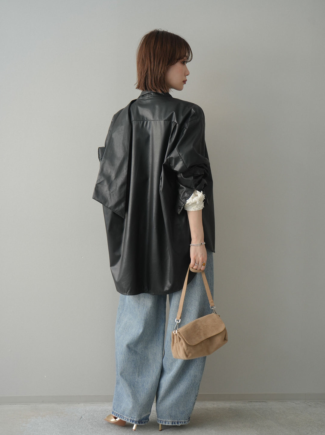 [SET]フェイクレザーボウタイブラウス+ジャガードぺプラムフリルブラウス+ダメージデニムセミワイドパンツ(3set)