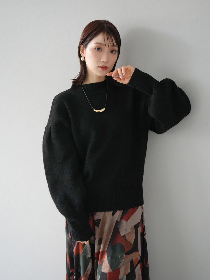 [預訂] 寬袖小領針織套頭衫/黑色