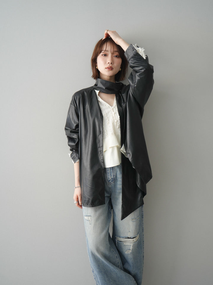 [SET]フェイクレザーボウタイブラウス+ダメージデニムセミワイドパンツ(2set)