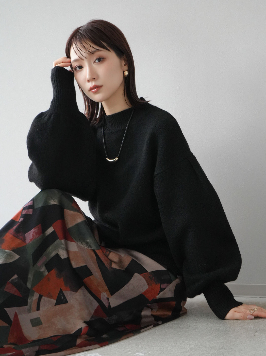 [預訂] 寬袖小領針織套頭衫/黑色