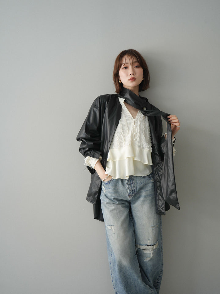 [SET]フェイクレザーボウタイブラウス+ダメージデニムセミワイドパンツ(2set)