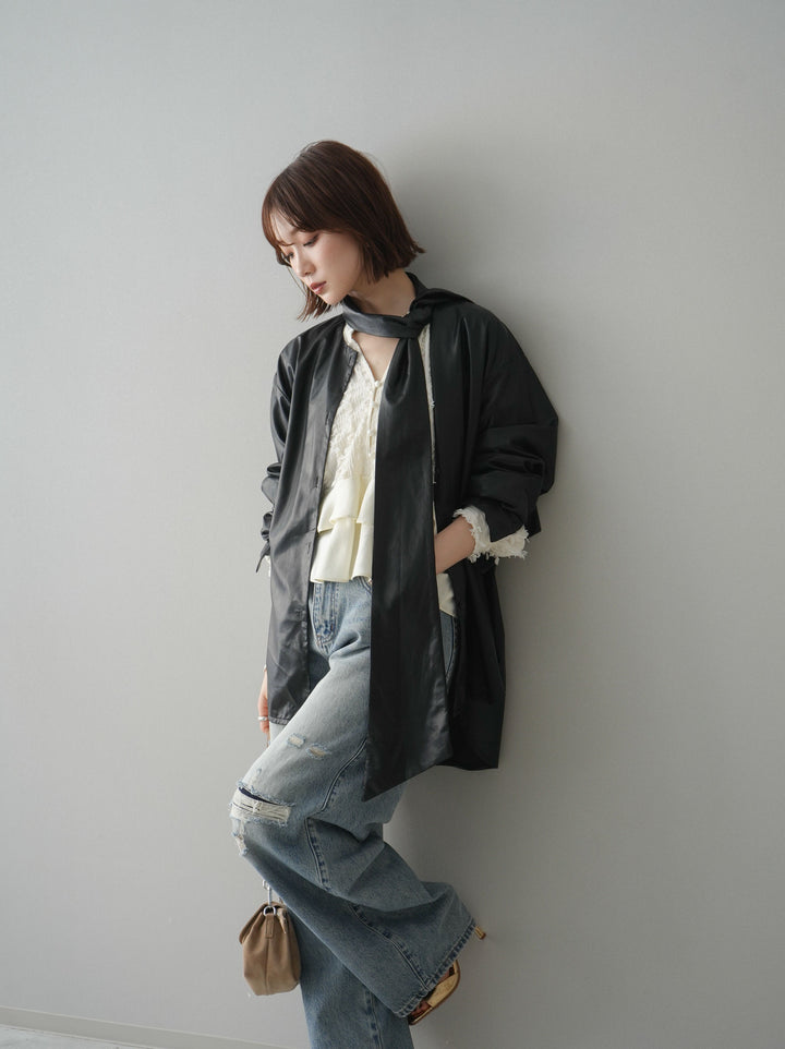 [SET]フェイクレザーボウタイブラウス+ダメージデニムセミワイドパンツ(2set)