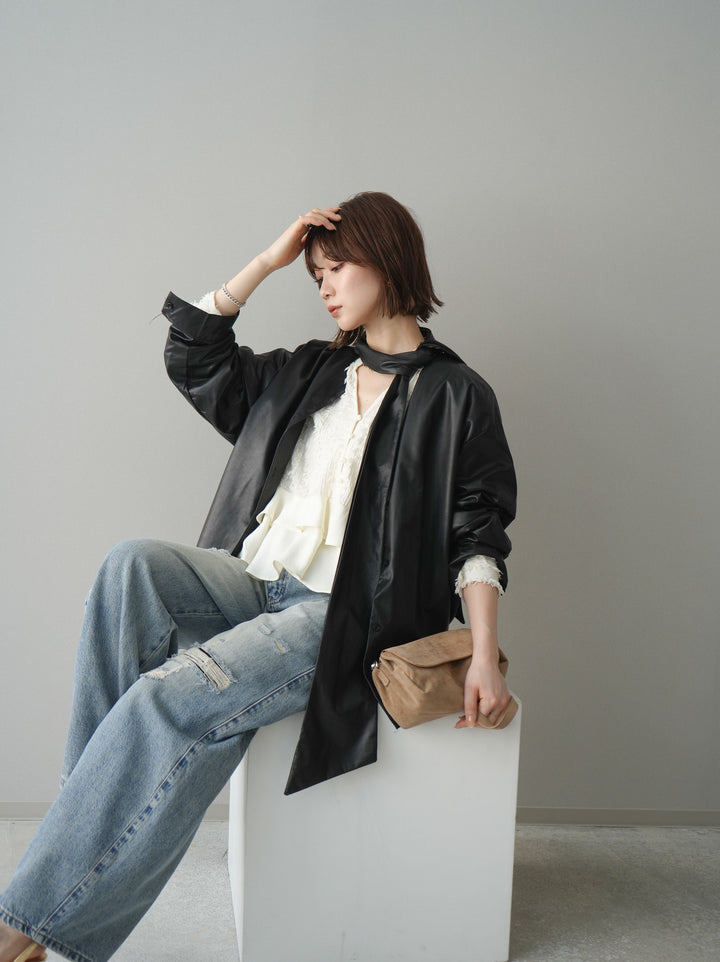 [SET]フェイクレザーボウタイブラウス+ダメージデニムセミワイドパンツ(2set)