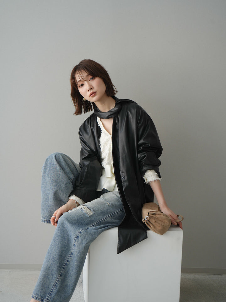 [SET]フェイクレザーボウタイブラウス+ジャガードぺプラムフリルブラウス(2set)