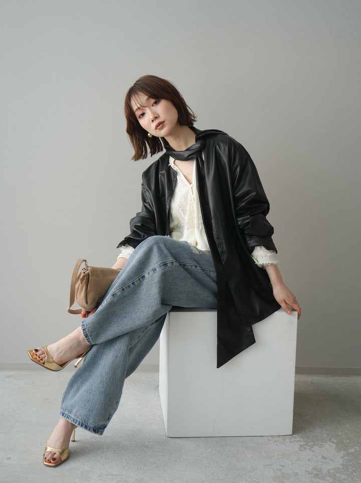 [SET]フェイクレザーボウタイブラウス+ダメージデニムセミワイドパンツ(2set)