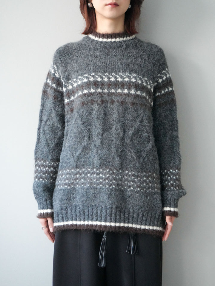 [予約]裾配色ノルディック柄ニットプルオーバー/gray