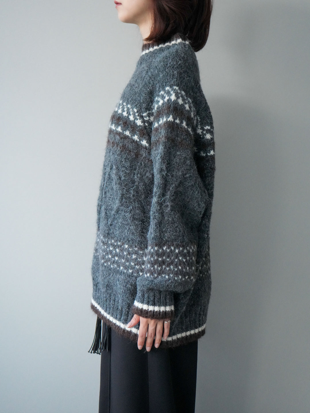 [予約]裾配色ノルディック柄ニットプルオーバー/gray