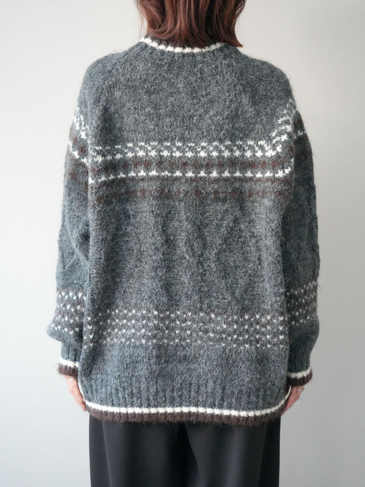 [予約]裾配色ノルディック柄ニットプルオーバー/gray