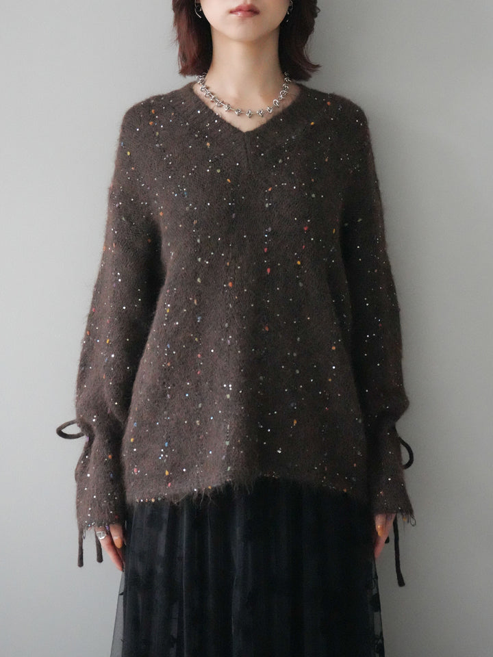 [予約]キャンディースリーブカラーネップスパンコールニットプルオーバー/brown