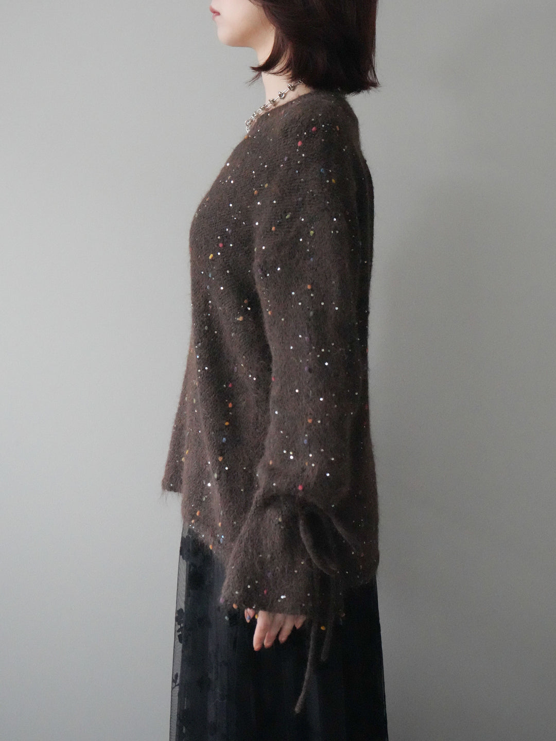 [予約]キャンディースリーブカラーネップスパンコールニットプルオーバー/brown