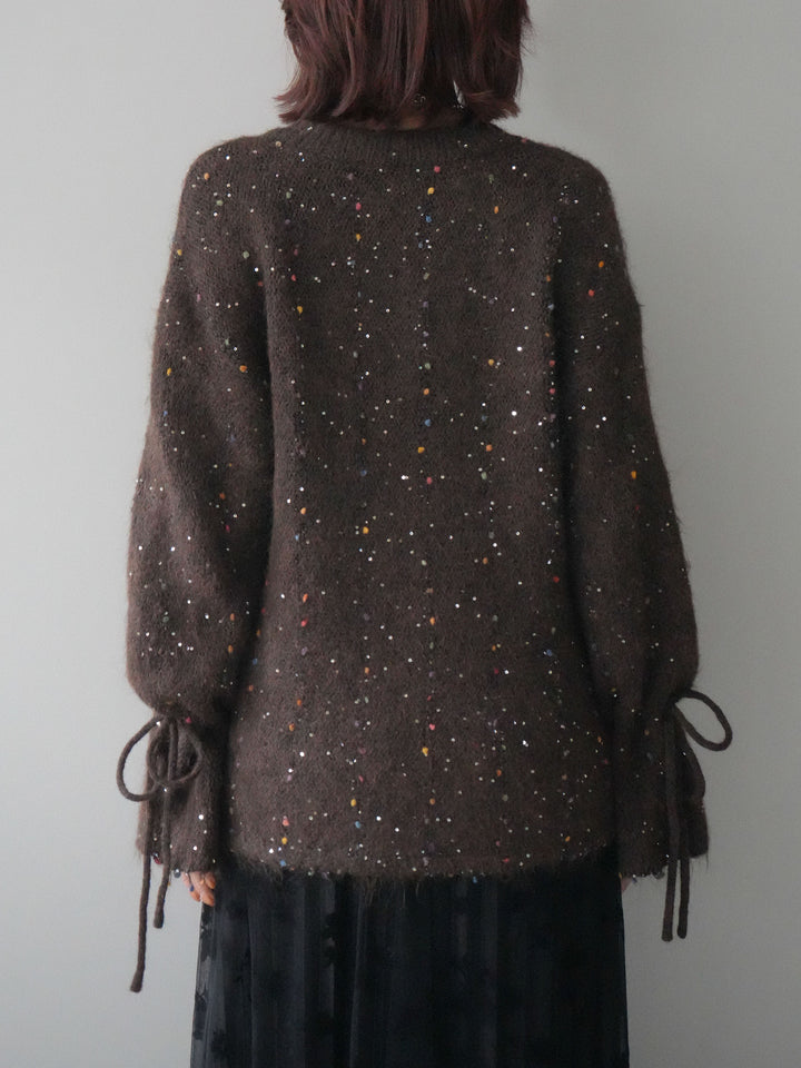 [予約]キャンディースリーブカラーネップスパンコールニットプルオーバー/brown