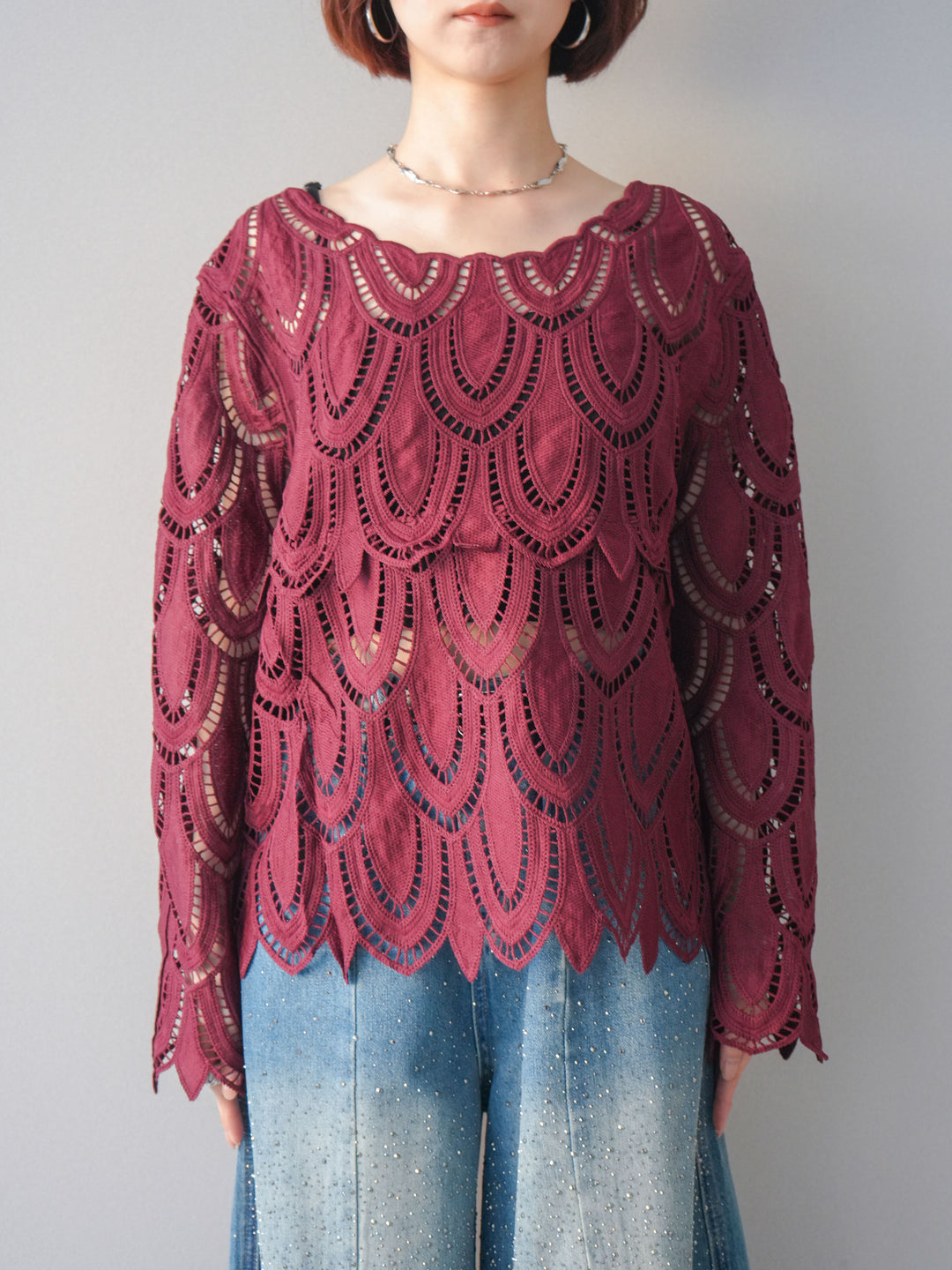 [予約]透かしコードレースブラウス/bordeaux