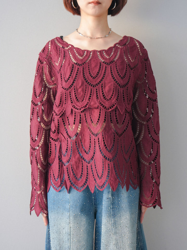 [予約]透かしコードレースブラウス/bordeaux